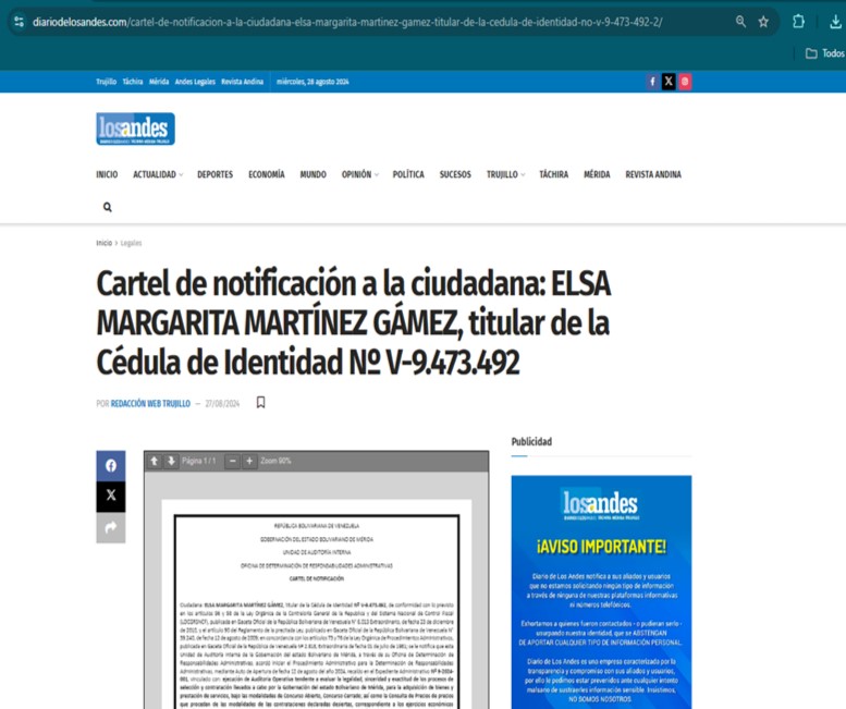 Imagen referencial al Cartel de Notificacion Elsa Margarita Martinez Gamez